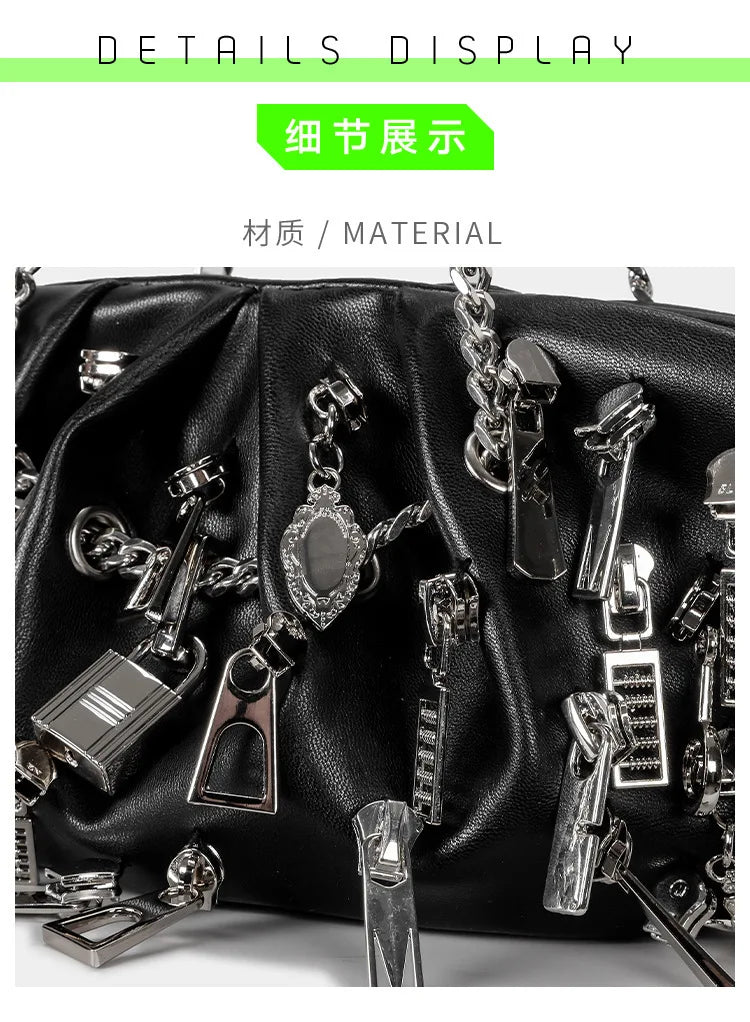 Punk Style Ruched Dumpling Armpit Bag 2025 Multi Zipper Head Decoration Women's Shoulder Bags Spicy Girl Y2K Handbags