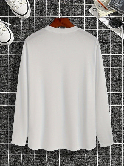 Men's 100% pure cotton loose and comfortable casual sports Brooklyn letter printed round neck long sleeved T-shirt top