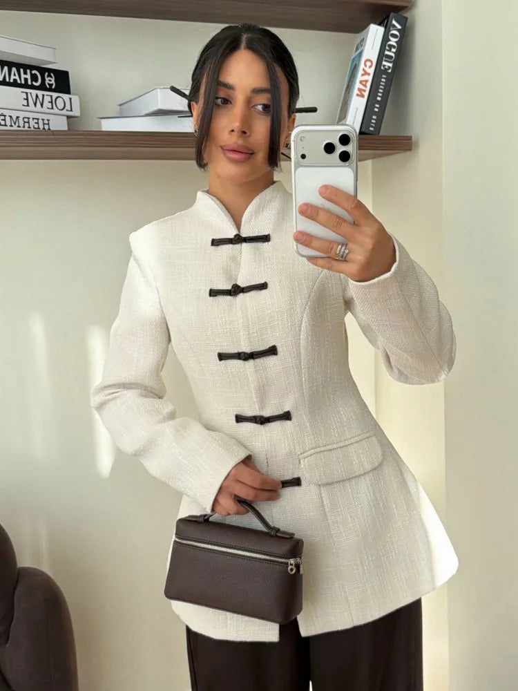 Women's Spring Summer Mandarin Collar Frog Button Tweed Fitted Blazer Elegant Casual Office Wear 2026 Trendy Fashion Blazer