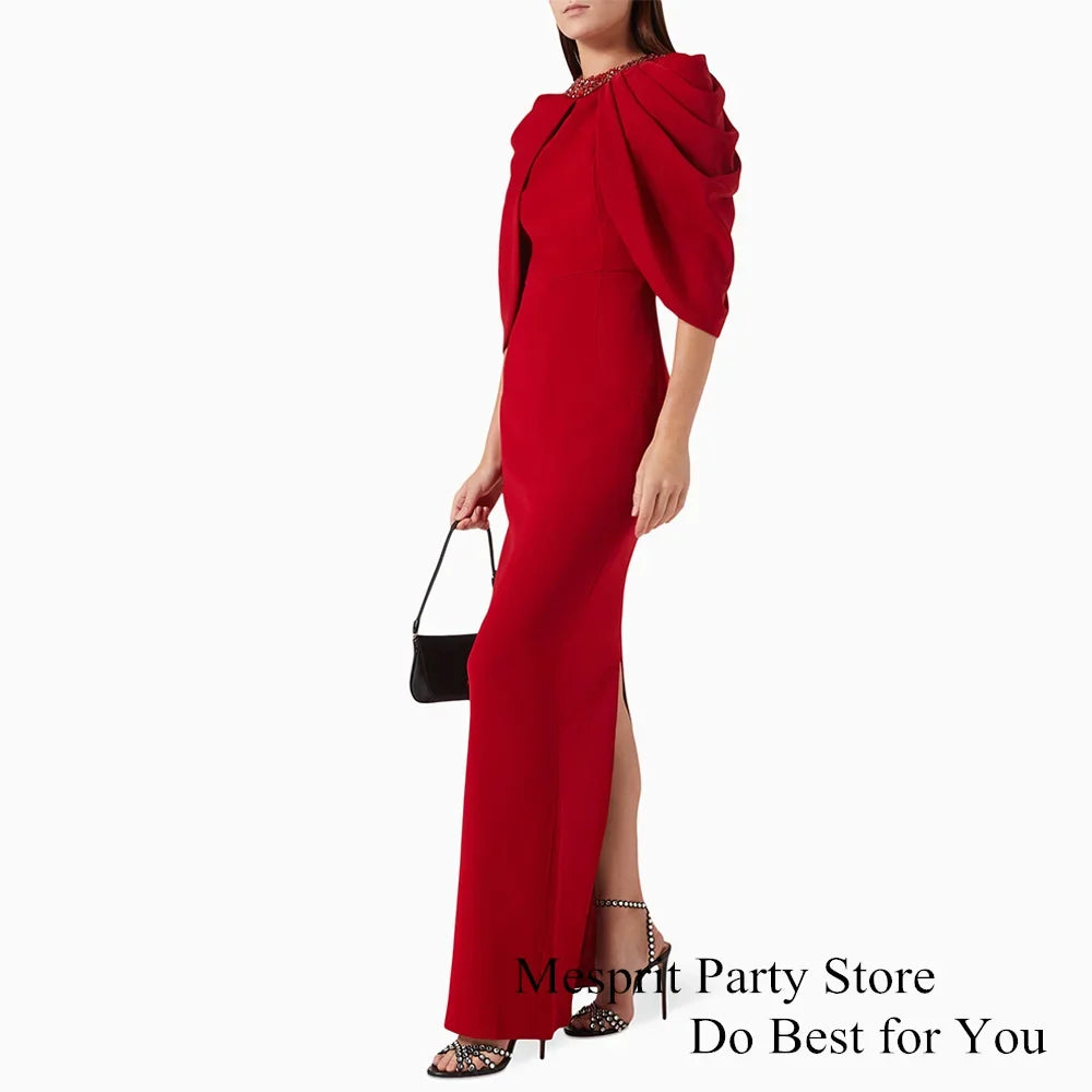 Red Prom Dress with Cape Customized Crystal Stones Sheath Back Split Saudi Arabian Woman Evening Gown فساتين للمناسبات الخاصة