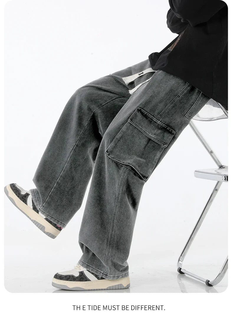 2024 New Men Baggy Cargo Jeans Fashion Streetwear Vintage Wide Leg Pants American Streetwear Y2K Big Pocket Youth Overalls