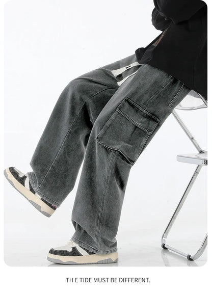 2024 New Men Baggy Cargo Jeans Fashion Streetwear Vintage Wide Leg Pants American Streetwear Y2K Big Pocket Youth Overalls