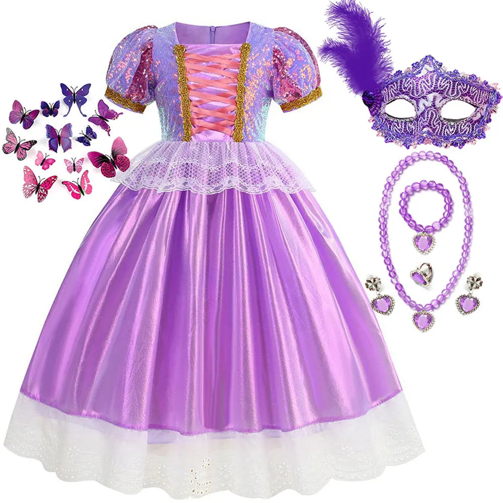 Rapunzel Short Sleeve Purple Puffy Dress + Accessories Girls Cosplay Rapunzel Summer Casual Dress Birthday Party Gift