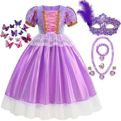Rapunzel Short Sleeve Purple Puffy Dress + Accessories Girls Cosplay Rapunzel Summer Casual Dress Birthday Party Gift