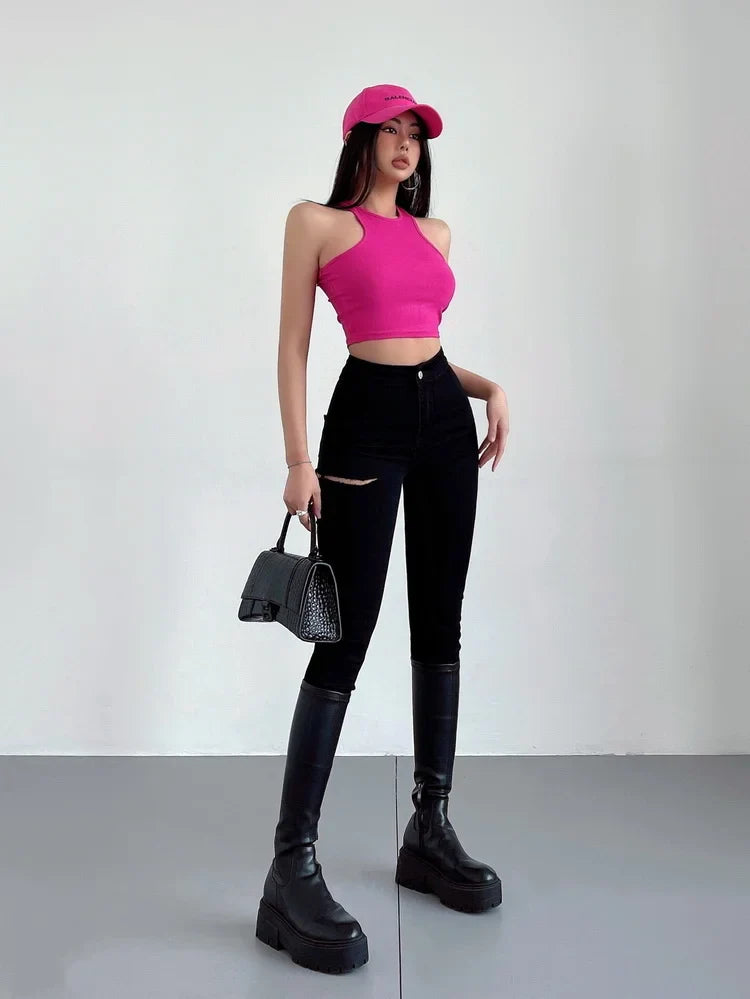 American Spicy Girls Sexy Hole Jeans Slim High Waist Elastic Feet Pencil Pants Trousers Fashion Women BOF8