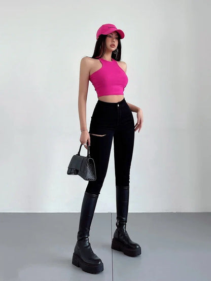 American Spicy Girls Sexy Hole Jeans Slim High Waist Elastic Feet Pencil Pants Trousers Fashion Women BOF8