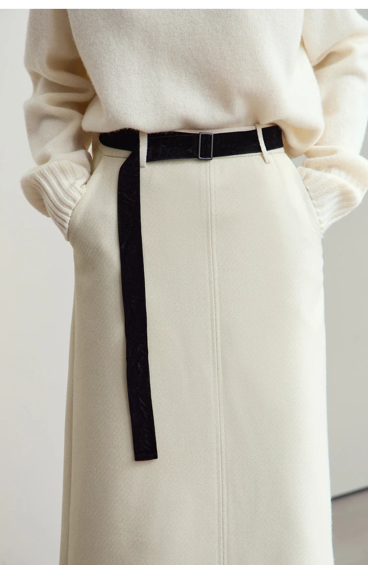 Minimalism Women's Elegant Commuter Skirts with Velvet Belt 2024 Winter Twill Fabric Warm Slit Straight Midi Skirt 12444183