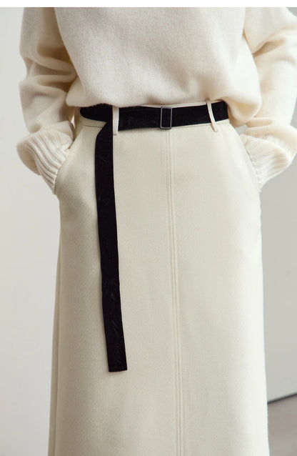 Minimalism Women's Elegant Commuter Skirts with Velvet Belt 2024 Winter Twill Fabric Warm Slit Straight Midi Skirt 12444183