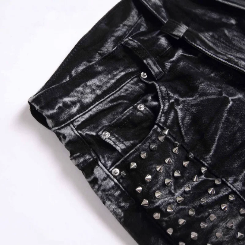 2025 Four Seasons New Retro Punk High Street Trendy Black Washed Outdated Slimming and Outdated Willow Nail Men's Jeans