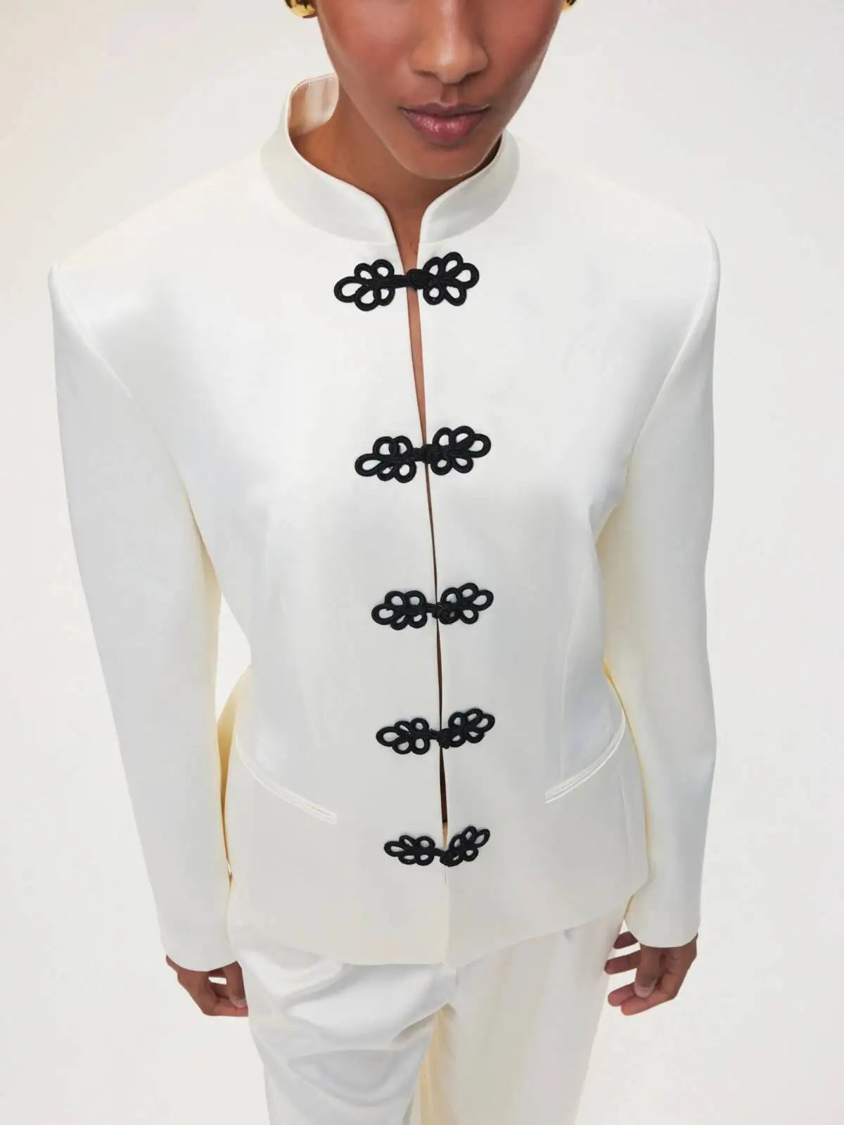 Women's Spring Summer Mandarin Collar Frog Button Cropped Chinese Style Blazer Casual 2026 Trendy Feminine Fashion Coat