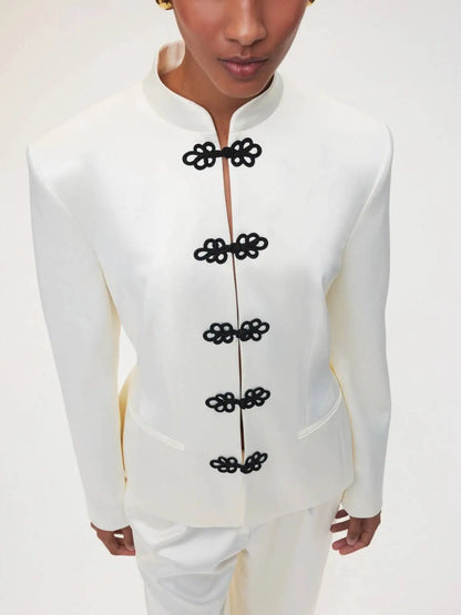 Women's Spring Summer Mandarin Collar Frog Button Cropped Chinese Style Blazer Casual 2026 Trendy Feminine Fashion Coat