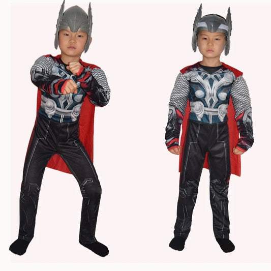 Halloween Carnival Clothes for Children Kids Thor Muscle Costume Superhero Thor Cosplay Muscle Costume Jumpsuit Mask Performance