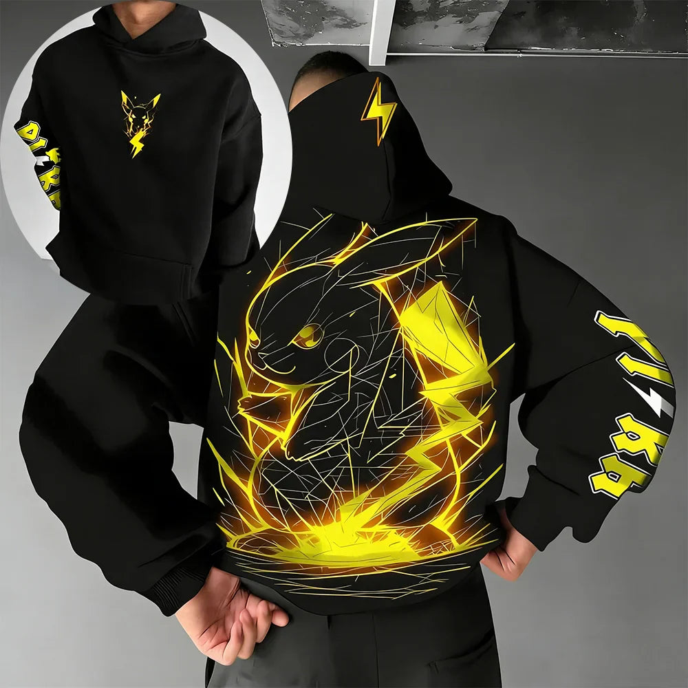 Pokemon Anime Pikachu Cotton Hoodie and Harajuku Pants Set Black Yellow Character Print Two Piece Outfit Casual Streetwear
