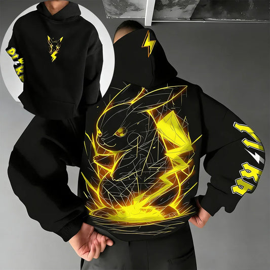 Pokemon Anime Pikachu Cotton Hoodie and Harajuku Pants Set Black Yellow Character Print Two Piece Outfit Casual Streetwear