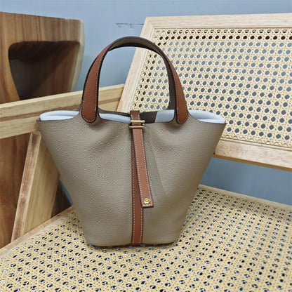 Top Layer Cowhide Leather Handbag European Sle Buet Bag Fre Vegetable Basket Ladies Handbag Soft Handle Casual Faion