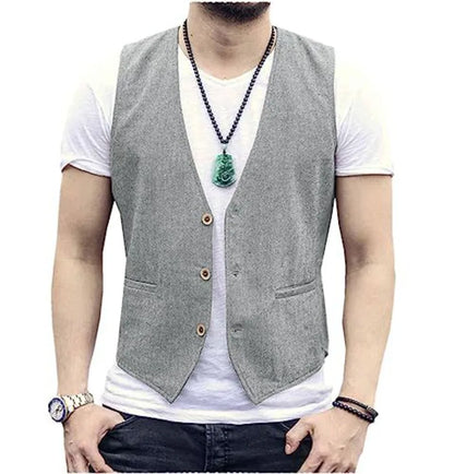 Large Men's Suit Vest  Spring And Summer Linen Cotton Slim Fit Waistcoats Lightweight And Breathable Single Breasted Casual Vest