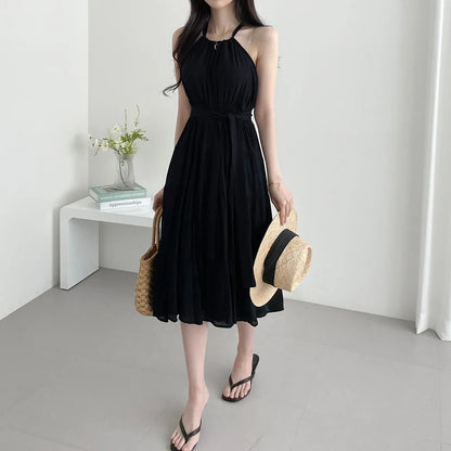 Korean Style Summer Slimming Necktie Waist Cinched Sleeveless Vest Long Dress Women's Fashionable Commute Style Inner Wear