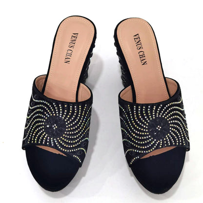 2023 The Latest Italian Design Rotary Rhine-Diamond Floral Thick Heel Platform Women's Comfortable Shoes Bag and Shoe Set
