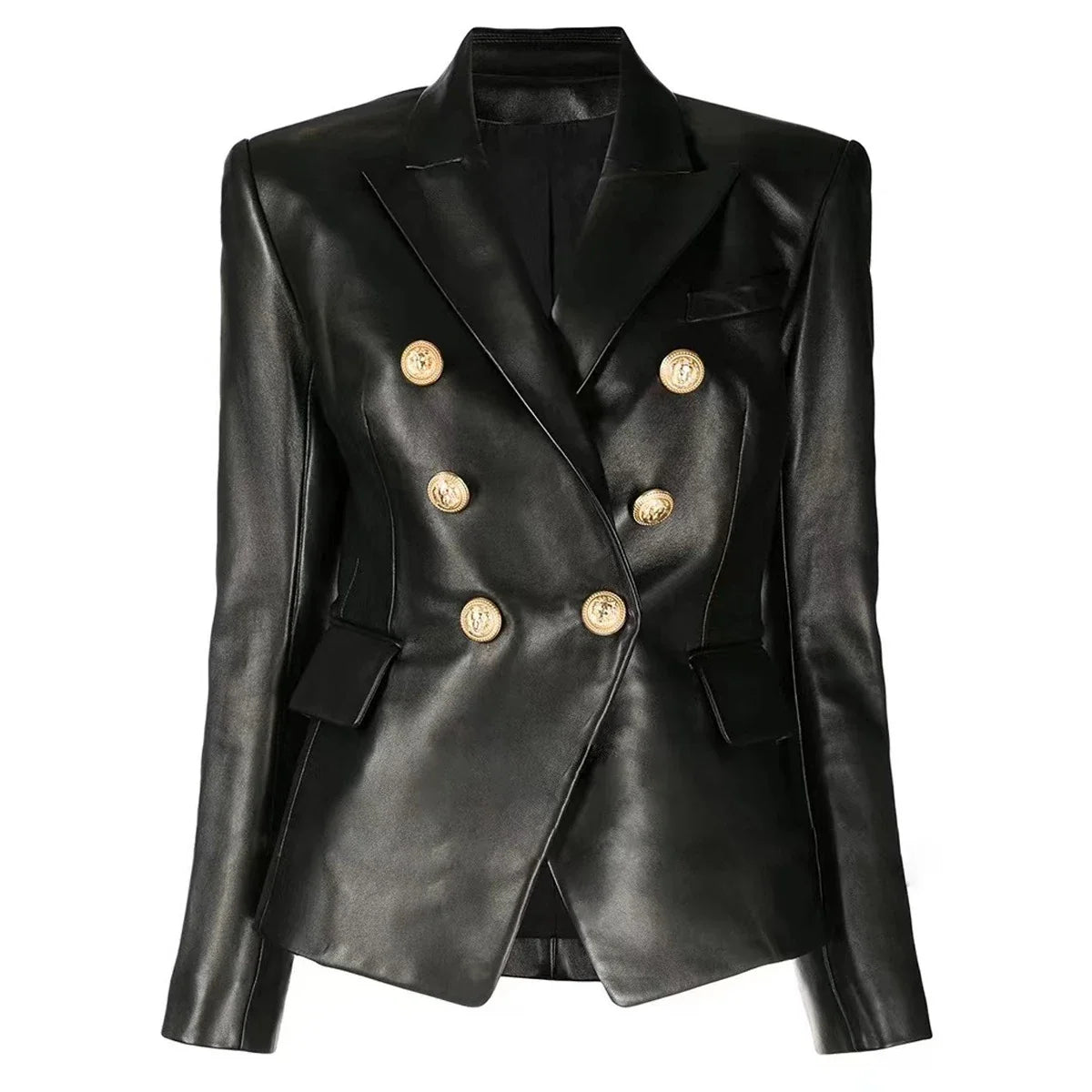 S-3XL High Quality Fashion New PU Leather Fabric Double breasted Long Sleeve Slim Fit Commuter Women's Suit Coat Blazer