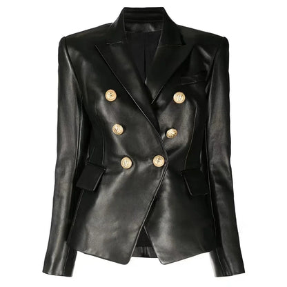 S-3XL High Quality Fashion New PU Leather Fabric Double breasted Long Sleeve Slim Fit Commuter Women's Suit Coat Blazer