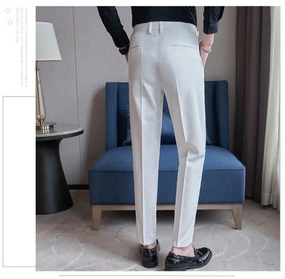 Pure Color Male Business Wedding Dress Pants Fashion Unique Design Men Waist Adjustable Suit Pant No Belt Slim Trousers Homme
