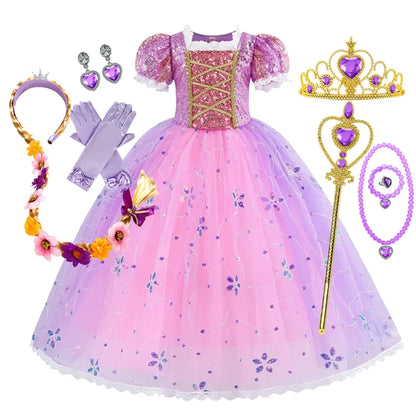 Girl Rapunzal Princess Dress Halloween Cosplay Ball Gown Party Costume Disguise Kids Outfit Children Clothes
