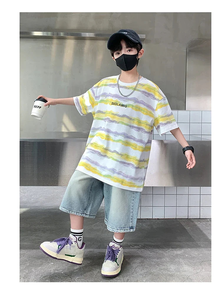2025 New Arrival Summer Boy Clothing Set Yellow Stripe Tshirt + Denim Shorts Two Pieces Outfit Clothes Set for Kids Child 5-14T