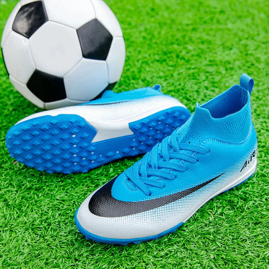 High Top Leather TF Turf Soccer Cleats, Anti-Slip for Grass Training, Men Women Youth Student World Cup Style