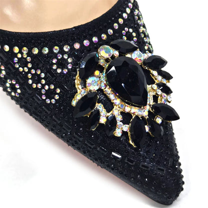 2024 Latest Wedding Pointed Toe Women's Shoes High Heel Black Color Rhinestones italian shoes and bags matching set