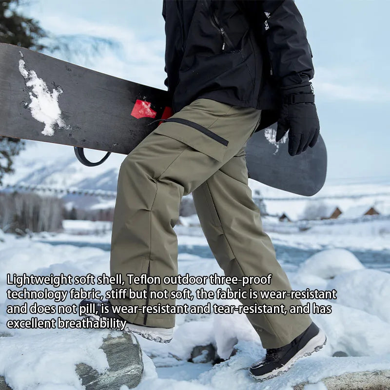 Autumn Winter Men's Three-proof Pants 90 Velvet Warm Fabrics Wear-resistant Large Pockets Elastic Waist Outdoor Sports Pants