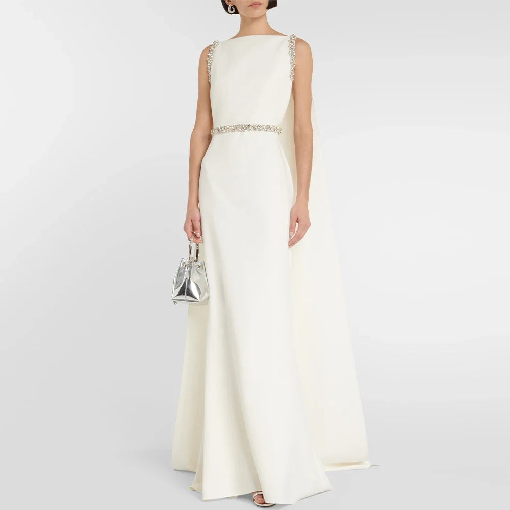 Customized New Ivory Prom Dresses Sleeveless Boat Neck Sweep Train Formal Party Gowns Crystal Mermaid Evening Gowns for Women
