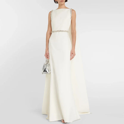 Customized New Ivory Prom Dresses Sleeveless Boat Neck Sweep Train Formal Party Gowns Crystal Mermaid Evening Gowns for Women