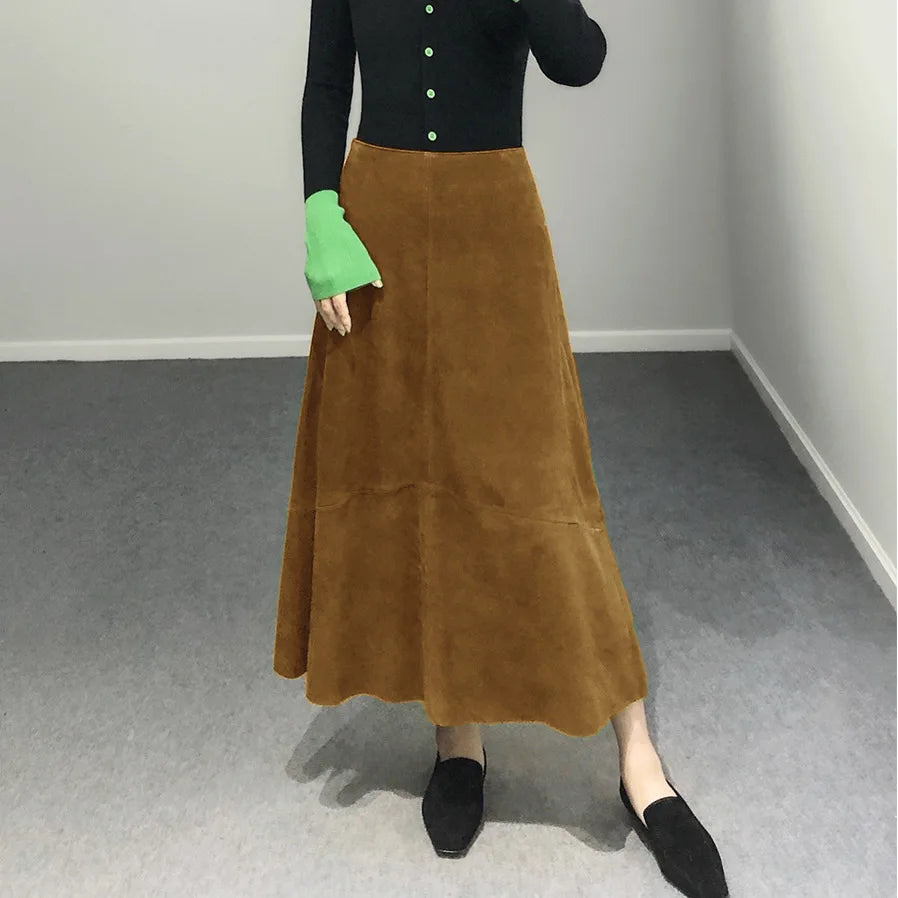 تنورة نسائية من جلد الغزال الأرجواني موضة 2025 لربيع Harajuku بحافة كبيرة طول 85 سم تنانير نسائية أنيقة بوهيمية فستان جلدي 100%