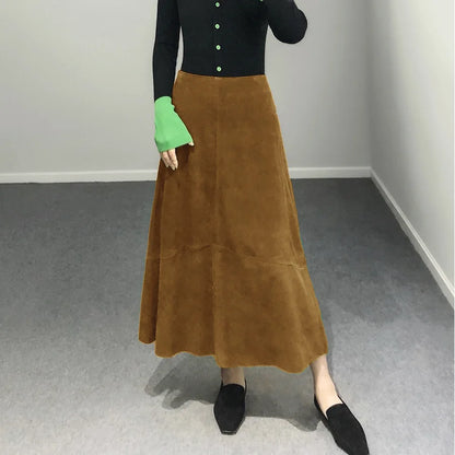 تنورة نسائية من جلد الغزال الأرجواني موضة 2025 لربيع Harajuku بحافة كبيرة طول 85 سم تنانير نسائية أنيقة بوهيمية فستان جلدي 100%