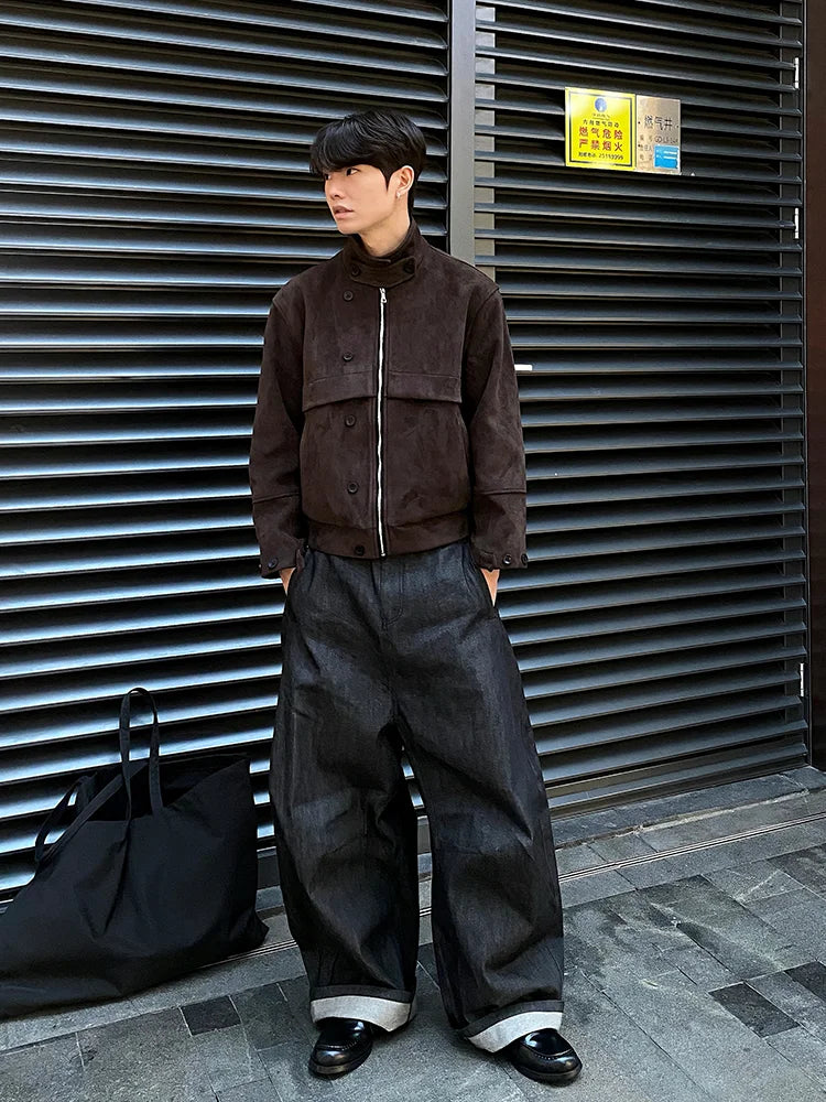 Spring Autumn Cool Short Soft Brown Faux Suede Leather Jacket Men Turn-down Collar Zipper Luxury Designer Clothes