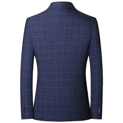2025 Spring  Autumn New Blue Checkered Non-iron Suit Jackets for Men,black Light Business Casual Men Blazer Slim Fit, Asian Size
