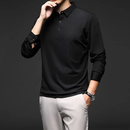 Mulberry Silk Men's Polo Shirts Luxury Long Sleeve Solid Color Golf Male T-shirts Spring Autumn Business Casual Man Tees