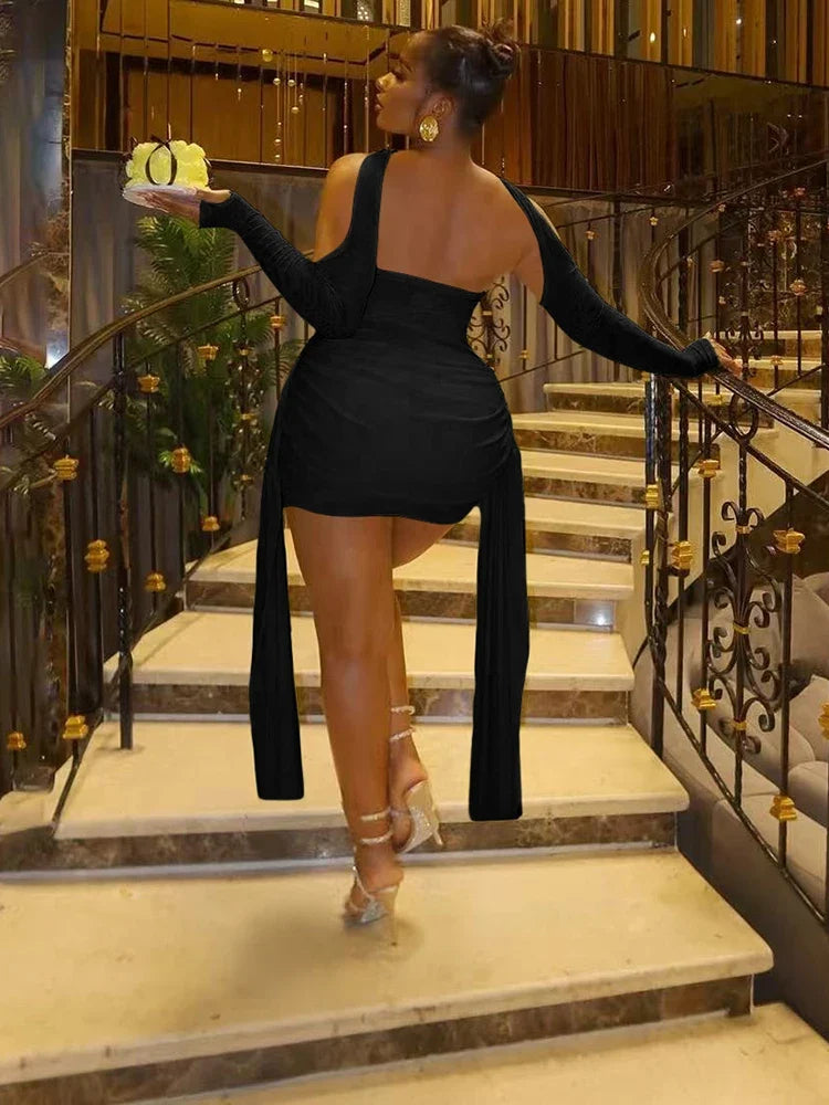 Mesh Simple Mini Dress Fashion Solid Strapless Ribbons Tassel Body-shaping Vestidos+Seperately Full Sleeve Gloves