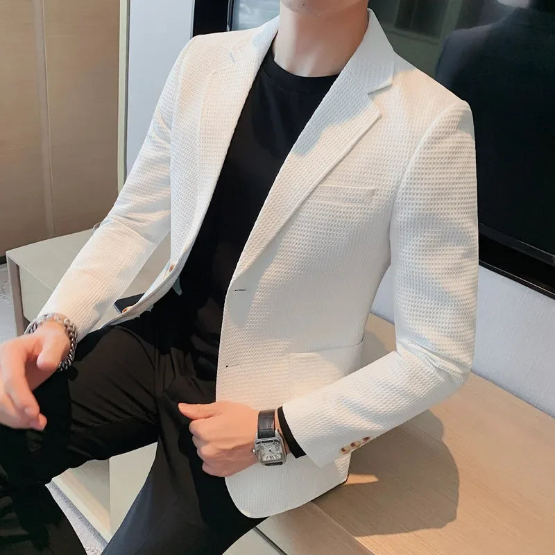 Plus Size 4XL-M Autumn New Waffle Suit Jacket Men Two Buttons Slim Fit Business Casual Blazers Homme Formal Groom Prom Tuxedo