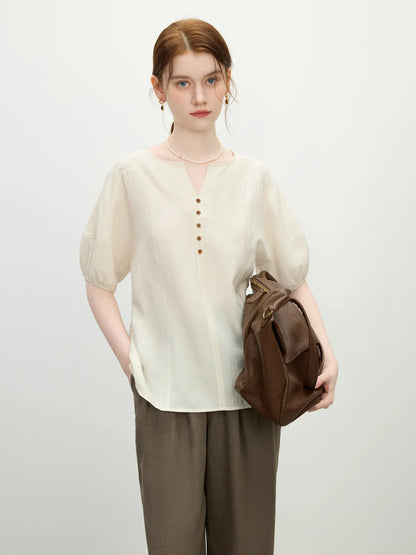 MInimalism Apricot Style Loose Short-sleeved Women Shirt 2025 Summer New Casual Small V-neck Sleeves Slim Top 25FS12246