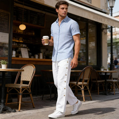 Men's Casual Cotton Linen Pants Drawstring Waist Side Button Decor Straight Leg Lightweight Breathable Summer Beach Trousers