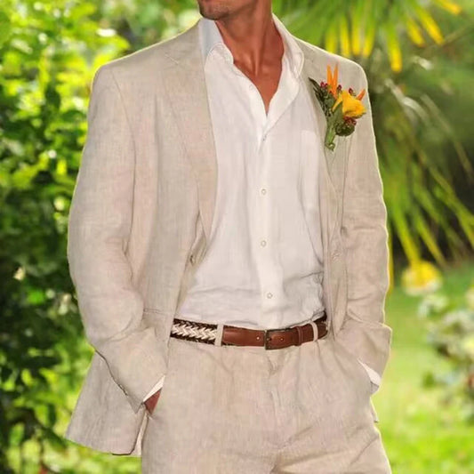 Light Blue/Beige Linen Men Suits 2 Piece Groom Tuxedos Notch Lapel Slim Fit Blazer Pants Sets Wedding Prom Summer Costume Homme