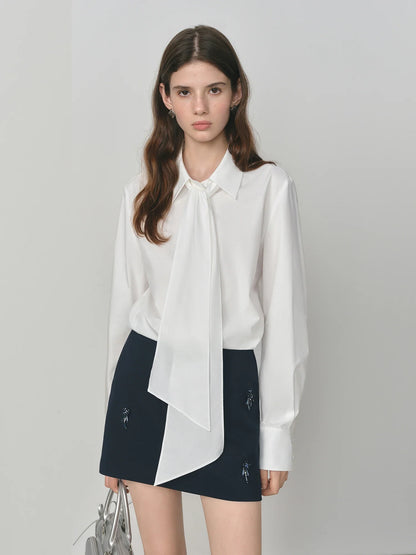 Pure Cotton Oversized Bow Detail Women's Autumn 2025 New Arrival Laid-Back Long Sleeve Blouse with Sash 25FS13213