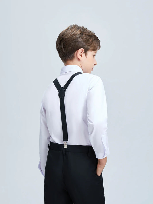 4pcs/set Boys' Suit Set With  Shirt , Pants  Tie And Straps School Uniforms