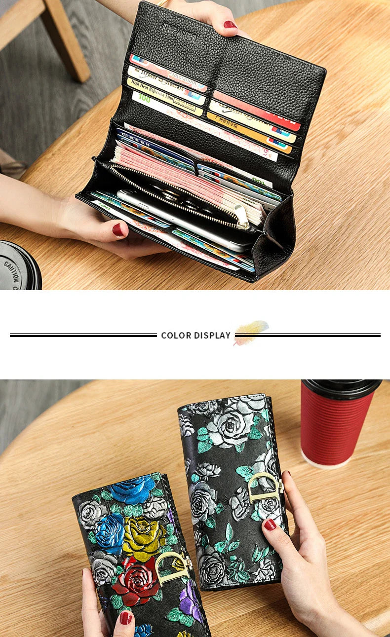 2025 New Genuine Leather Purse Wallet Female 3D Embossing Ladies Personality Retro Long Clutch Wallet Women Purse Coin Holders