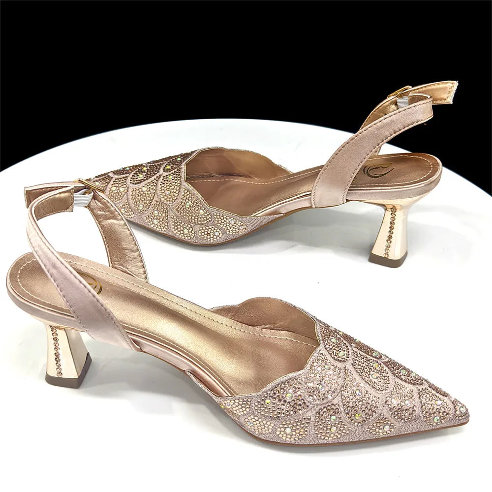 2026 New Shiny Italian Fashion Pointed Toe Women Heel Fashion Rhinestone Decoration Peach Color Shoes And Bag Set