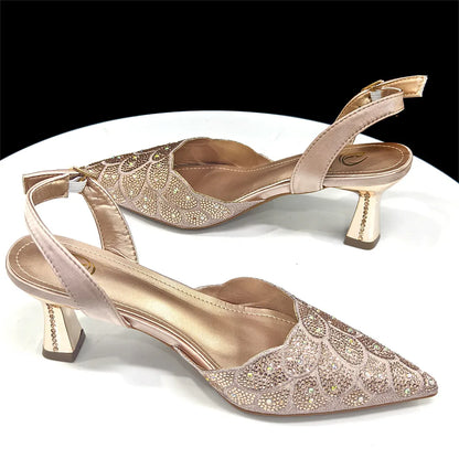 2026 New Shiny Italian Fashion Pointed Toe Women Heel Fashion Rhinestone Decoration Peach Color Shoes And Bag Set