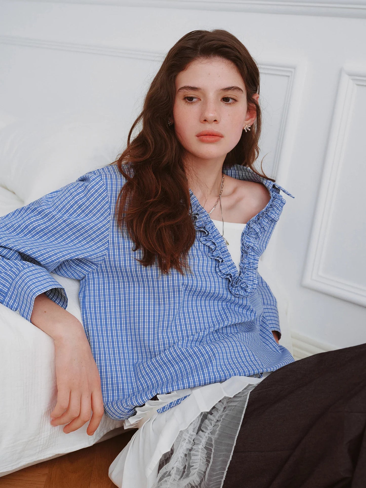 Autumn 2025 Ruffle Trim Blouse - V-Neck Long Sleeve Drawstring Tie Waist Adjustable Fit Women Casual Top