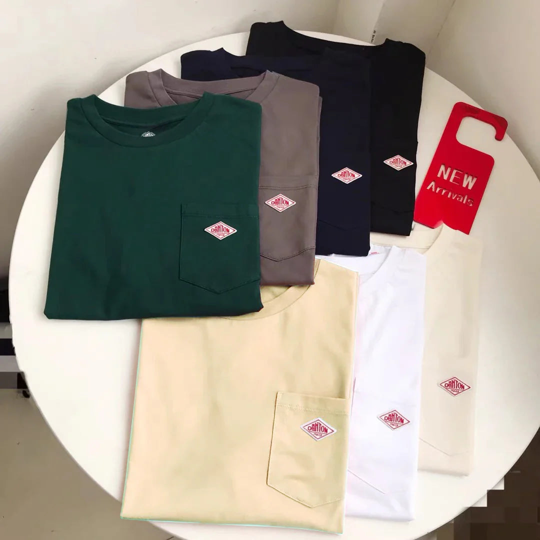 Hot sales Men Women Pure Cotton Embroidery T-Shirt Short Sleeve Tees Simple Solid Pocket Fashion Brand Exports Japan style