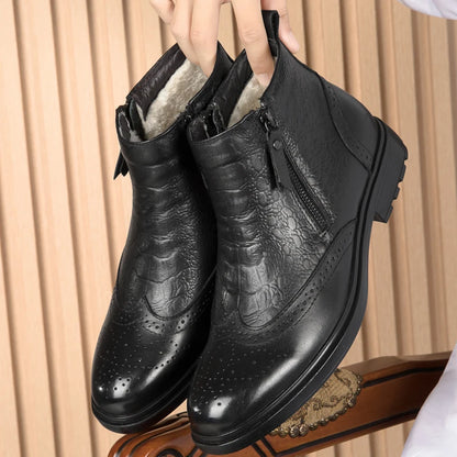 2025 Men Winter Plush Snow Boots Genuine Leather Men Side Zipper Ankle Boots Fashion Men Casual Low Top Shoes All-match Men Shoe